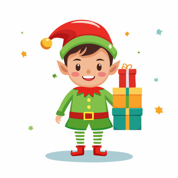 Cute Christmas Elf Holding Stack of Gifts