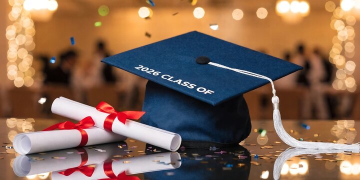 Graduation cap and diplomas for class of 2025 with graduation education achievement