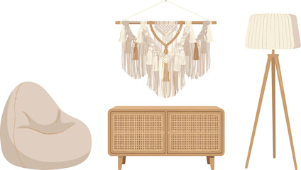 Boho Home Decor Furniture Set with Macrame Wall Hanging Floor Lamp Bean Bag Chair and Wooden Cabinet Flat Vector Illustration © tofajjol studio