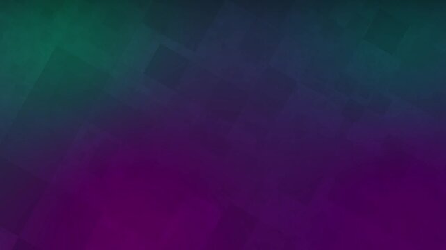 Abstract geometric square pattern motion background with dynamic floating shapes transitioning through shades of emerald green and deep violet purple create cinematic visual texture.