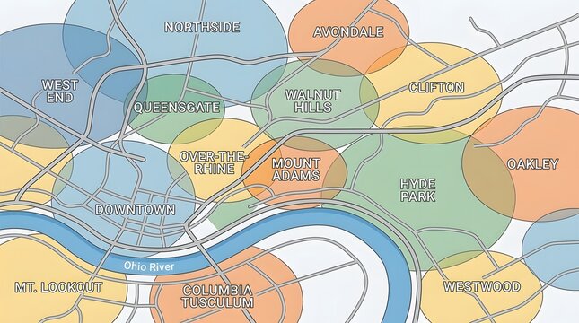 Illustrated map of Cincinnati neighborhoods with colored circles and Ohio River graphic overview