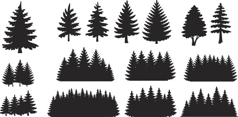 Evergreen tree silhouettes vector collection, coniferous forest icons set, pine fir nature illustration, landscape graphic design art for decoration © Sabbir's World