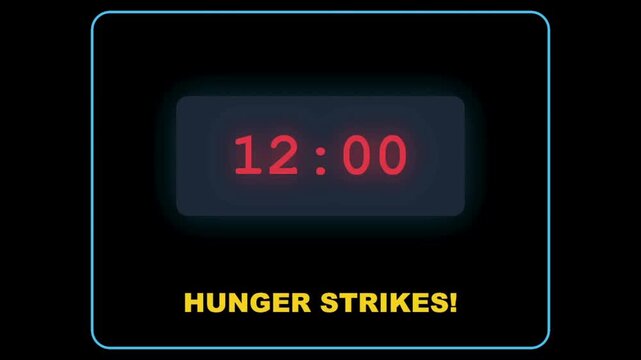 Digital clock displaying 1200 with a HUNGER STRIKES message set against a dark background with a glowing frame perfect for mealtime reminders or app interfaces
