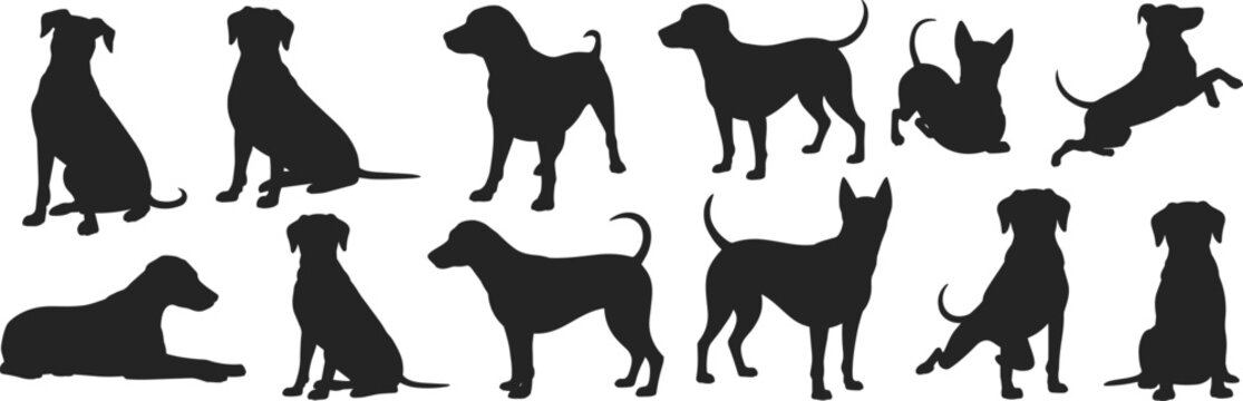 Dog silhouettes vector collection, sitting standing playing icons, pet animal posture illustration, canine graphic design art for decoration patterns