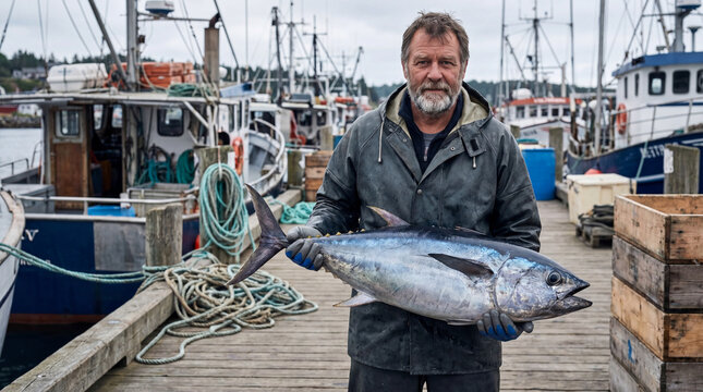 World Tuna Day fisherman proudly displaying fresh caught tuna at harbor showcasing responsible fishing practices for sustainable seafood and marine conservation campaigns