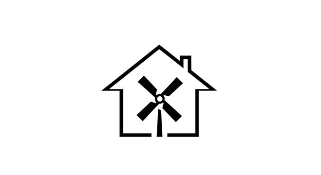 Eco-friendly house icon with wind turbine symbol, renewable energy concept