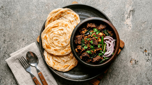 Top view of traditional Kerala parotta with spicy beef fry in a bowl. South Indian flatbread and meat curry flat lay on rustic concrete background. Copy space for text