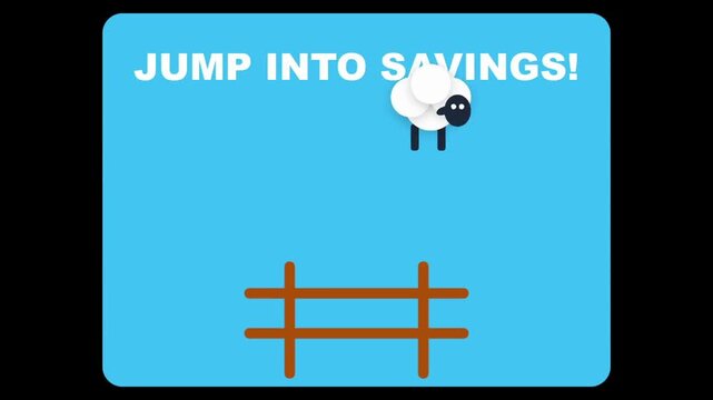 Cute cartoon sheep jumping over a fence representing a jump into savings and financial growth ideal for banking and investment promotions