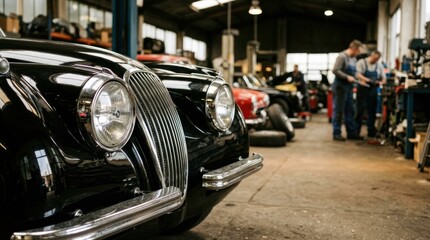 Classic vintage cars in the garage with mechanics working on the cars indoors.