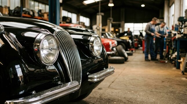 Classic vintage cars in the garage with mechanics working on the cars indoors.