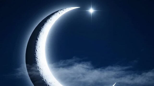 Large crescent moon and the star inspired scene with bright textured lunar rim, deep navy sky and thin cloud line, minimalist celestial background for peaceful night atmosphere and elegant copy space