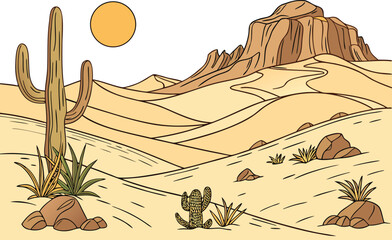 Arid Desert Landscape Nature Background. Sand Dune Horizon Wilderness Illustration. Western Cactus Canyon Valley Design. Dry Sahara Desert Environment Layout. Sunset Desert Panorama Nature Scene. © S43