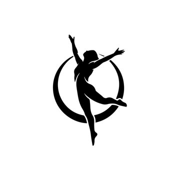 Dancer performs energetic leap within circular motion symbol