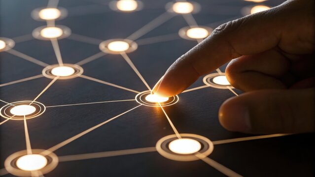 A finger touches a glowing node on a digital network map, symbolizing connection, technology, and data interaction in a modern interface.