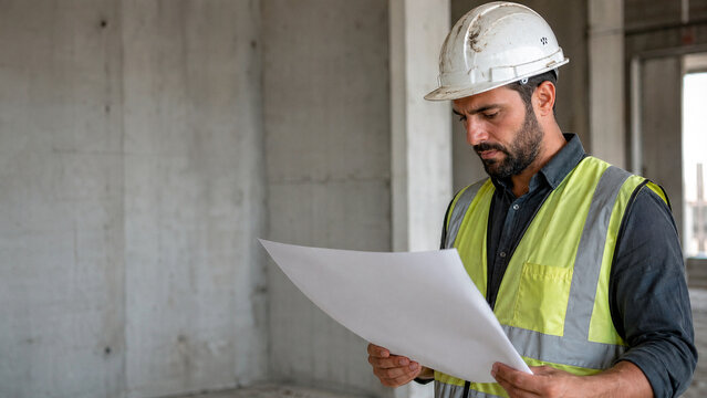 Male construction worker reading blueprint on site. Focused engineer in hard hat and safety vest inspecting building plans. Unfinished concrete interior with copy space for text