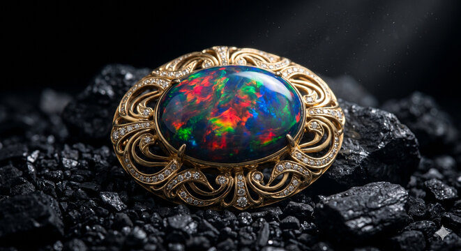 Close-up of a gold ring with large oval opal showing vibrant color play, set in intricate metalwork, placed on dark stones under dramatic lighting.