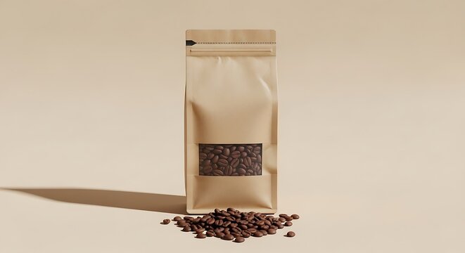 Standing coffee bean bag with spilled beans on light background