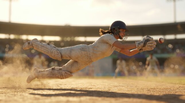 Baseball Player Diving for a Catch on a Dusty Field During a Game.