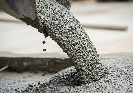 Close-up of wet concrete pouring from a mixer chute at a construction site