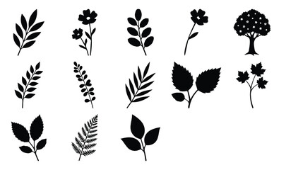 植物の葉と花のシルエット素材セット, 13種類のボタニカルなベクターアイコン, 黒い影絵のリーフと樹木のイラスト, ナチュラルなデザイン装飾やロゴ作成に最適なフラットデザインのパーツ集 © Alea_John