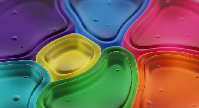 Abstract macro shot of vibrant, multi-colored fluid gel textures and bubbles