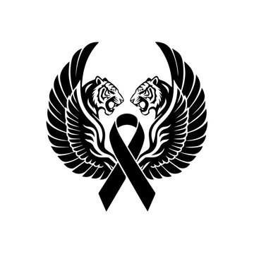 Graphic illustration of two tiger heads with wings and a ribbon
