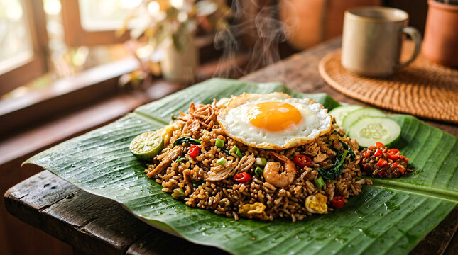 Authentic Indonesian Nasi Goreng with Fried Egg, Crackers, and Shrimp