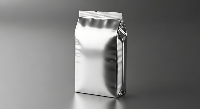 Shiny foil pouch standing upright on reflective surface in neutral environment
