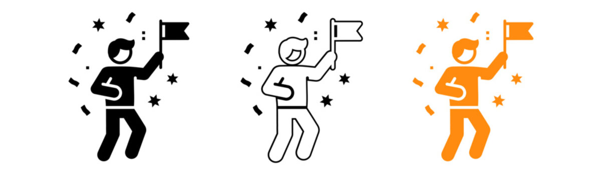 Celebrating success a silhouette of a jumping person with a flag