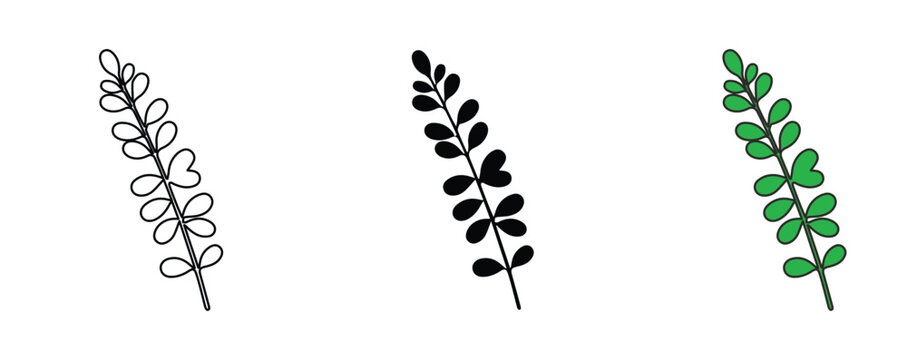 手書き風の植物の葉のベクターイラストセット、シンプルな枝葉のラインアートとシルエットとカラーの3種類、ナチュラルなボタニカルデザイン素材、オーガニックでミニマルな葉っぱのアイコン、ロゴやパッケージデザインに最適な装飾パーツ