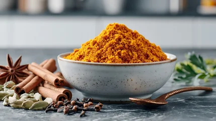 Golden turmeric powder in a rustic bowl. Cinnamon sticks, star anise, and cloves surround it. Spice blend for cooking or wellness use. Natural ingredients on a dark countertop © inspiretta