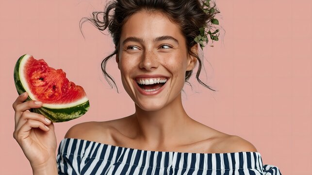 Woman laughs while holding watermelon slice. Wavy hair adorned with greenery. Striped off-shoulder top. Bright pink background. Joyful expression