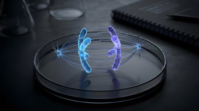 Microscopic view of chromosomes separating during cell division (anaphase) on a petri dish