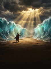 Naklejka premium Moses Parting the Red Sea Miraculous Biblical Event with Divine Light.