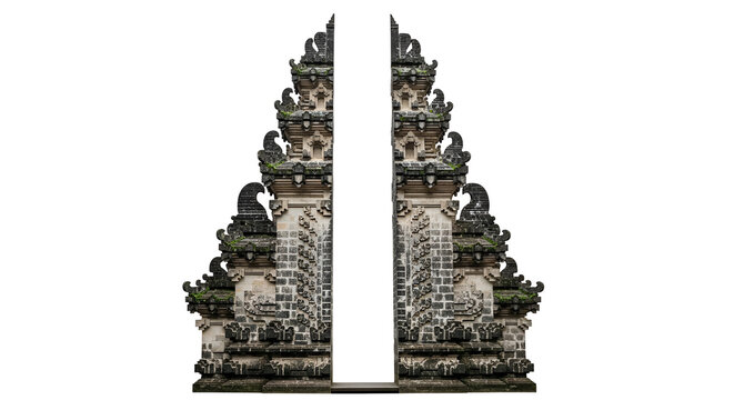 Ornate Balinese gate structure with detailed carvings on stone against a black backdrop showcasing cultural craftsmanship and architectural design