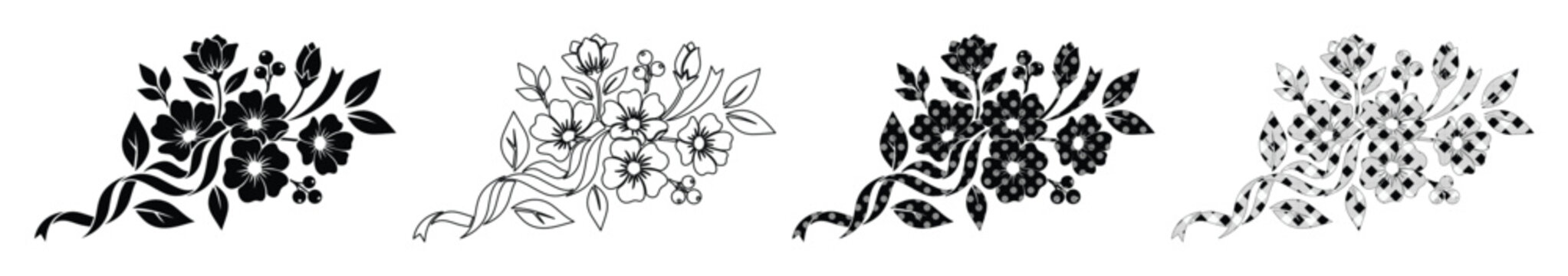 ヴィンテージ風の花のイラストセット, 4種類の異なるスタイルで描かれたボタニカルなブーケのベクター素材, モノクロのシルエットと線画によるエレガントな植物デザイン, 結婚式の招待状やロゴ制作に最適な装飾パーツ