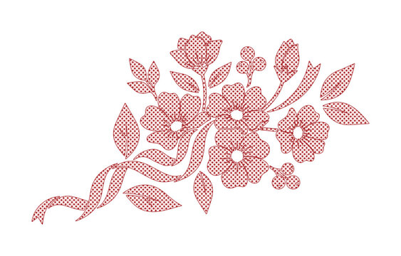 ヴィンテージ風の赤い花の刺繍デザイン、ドットパターンの質感が美しいボタニカルなベクターイラスト、エレガントなフラワーモチーフの装飾素材、クラシックな手芸スタイルの花束とリボンのグラフィック