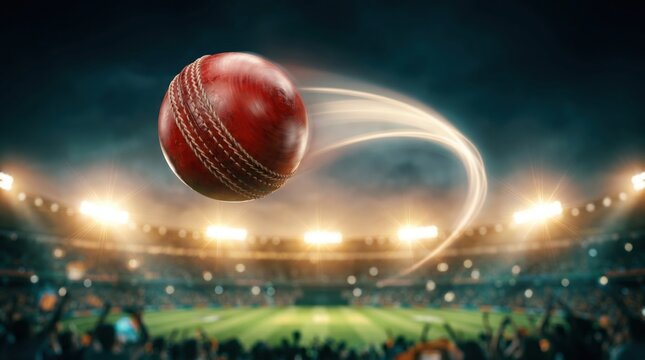 Red leather cricket ball in motion over a stadium with bright lights and blurred crowd.