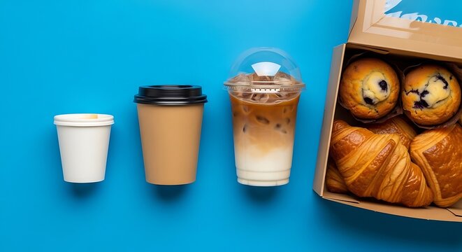 Assorted coffee beverages and pastries in a box against a blue background