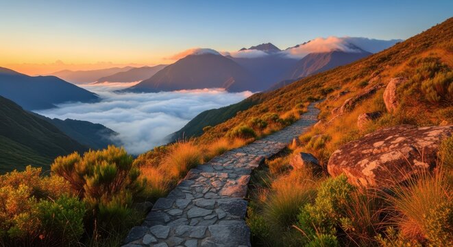 Stone pathway through mountains and foggy valley at sunrise  scenic landscape view