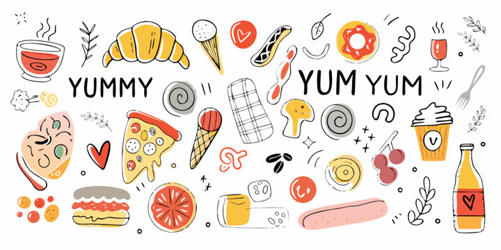 hand drawn food doodles with colorful illustrations on white background