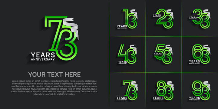 Anniversary logo style double line number set. green color and white ribbon for celebration event