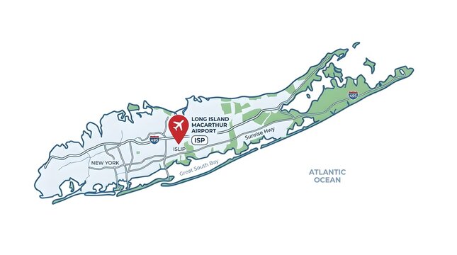 Map of Long Island New York highlighting Long Island MacArthur Airport (ISP) and major highways =