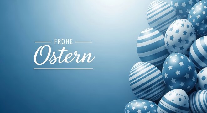 Blue easter eggs with star and stripe patterns on a blue background with german text
