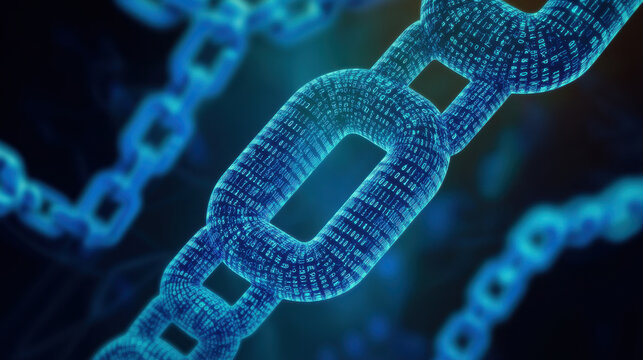 A close-up of a glowing digital chain link made of binary code, set against a blurred dark background to emphasize its connectivity and data concepts.