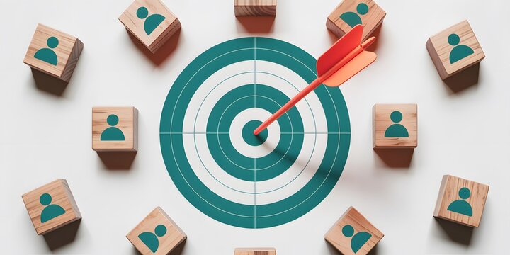Strategic customer targeting for business success, shown by an arrow in a bullseye surrounded by human icons, representing precise marketing and effective audience focus