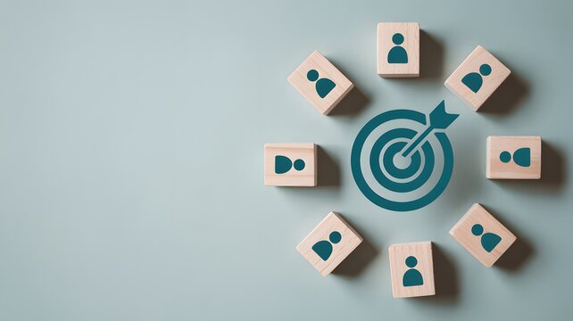 Targeted audience concept with wooden blocks and a bullseye target icon