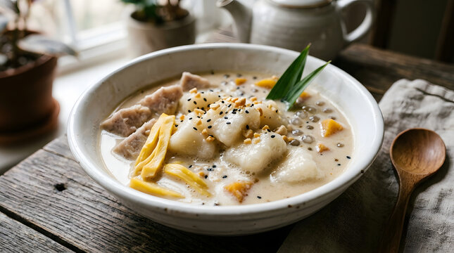 Traditional Indonesian Dessert Kolak with Sweet Potato, Jackfruit, and Coconut Milk