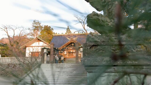 Stone Komainu Guardian Statue at Shinto Shrine in Kanazawa Japan