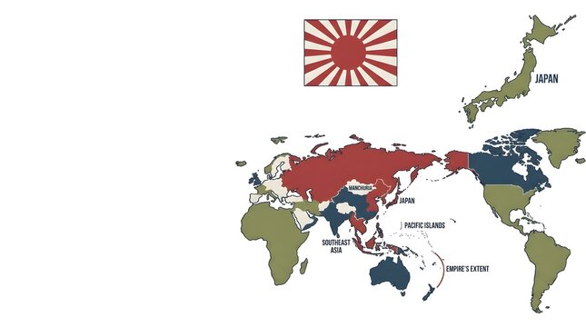 Historical map of Imperial Japan's expansion and extent during World War II with key regions labeled